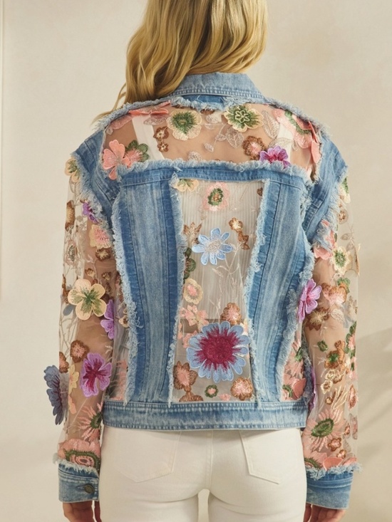 Veveret Jackets & Blazers - Western Floral Lace Appliqué Semi Sheer Button Down Frayed Jacket